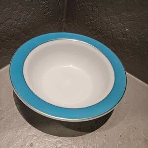 Pyrex Milk Glass Bowl Blue Band Silver Rim 9"